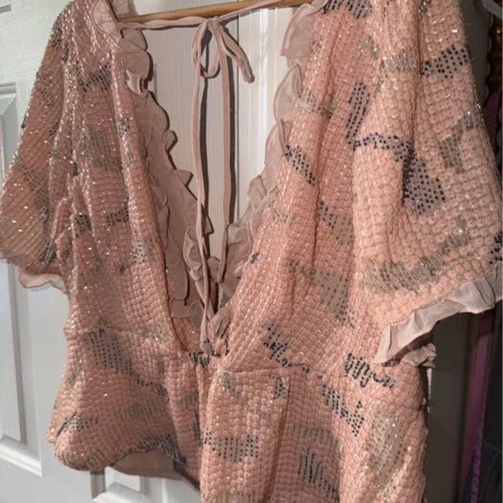 NWT Anthropologie Pink Sequin Ruffle Cropped Top. Sz 1X - Picture 9 of 10